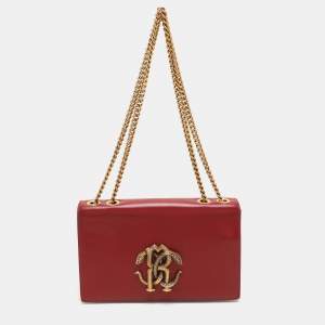 Roberto Cavalli Red Leather RC Monogram Flap Chain Bag