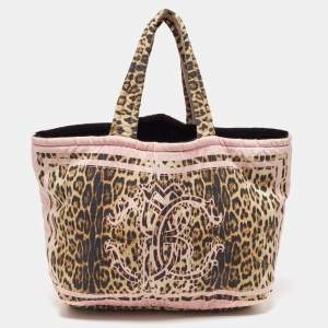 Roberto Cavalli Multicolor Fabric Leopard Print Logo Shopper Tote