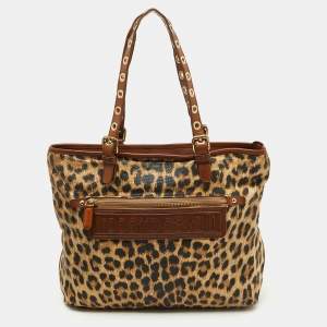 Roberto Cavalli Brown Leopard Print Straw and Leather Front Zip Tote