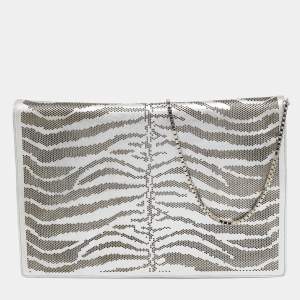 Roberto Cavalli Silver Perforated Zebra Effect Leather Chain Flap Clutch