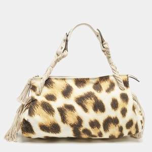 Roberto Cavalli White/Brown Leopard Print Canvas Tassel Hobo
