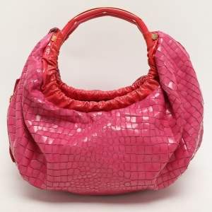 Roberto Cavalli Pink Croc Embossed Leather Hobo