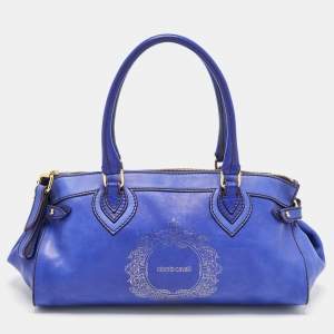 Pre Owned Roberto Cavalli Royal Blue Leather Logo Zip Satchel