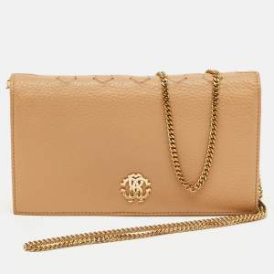 Pre Owned Roberto Cavalli Beige Leather Wallet on Chain