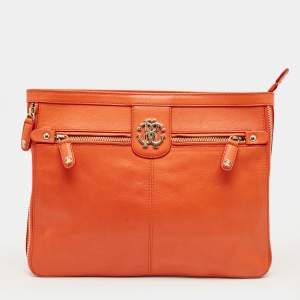 Pre Owned Roberto Cavalli Orange Leather RC Logo Zip Aound Clutch