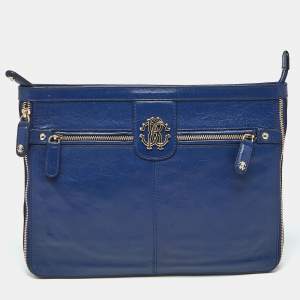 Pre Owned Roberto Cavalli Blue Leather RC Zip Around Clutch