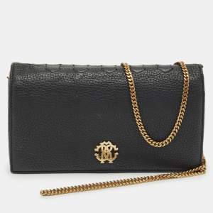 Pre Owned Roberto Cavalli Black Leather RC Flap Wallet On Chain