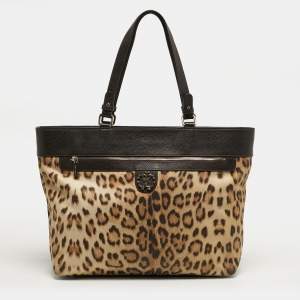 مملوكة مسبقًا Roberto Cavalli Top Zip Brown Leopard Print Fabric and Leather Totes
