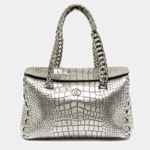 مملوكة مسبقًا Roberto Cavalli Silver Alligator Chain Flap Satchel