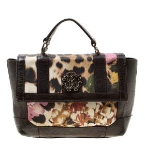 Roberto Cavalli Brown/Multicolor Leather and Printed Fabric Top Handle Bag