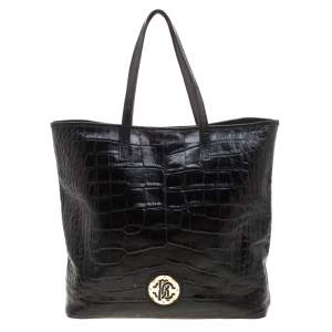 Roberto Cavalli Black Croc Embossed Leather Tote