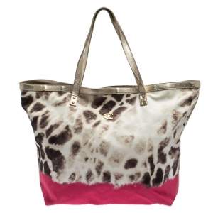Just Cavalli Beige/Pink Printed Fabric Shopper Tote