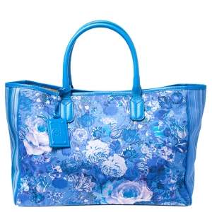 Roberto Cavalli Blue Floral Print Canvas and Leather Tote