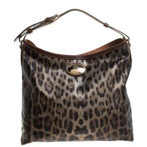 Pre Owned Roberto Cavalli Black/Brown Leopard Print Coated Canvas and Leather Hobo