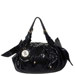 Pre Owned Roberto Cavalli Black Sequin Bow Drawstring Hobo