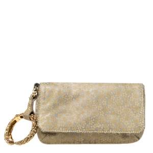Pre Owned Roberto Cavalli Beige/Metallic Gold Leather Serpent Wristlet Clutch 
