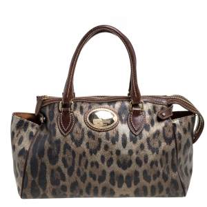 Roberto Cavalli Green/Brown Leopard Print Coated Canvas Zip Satchel