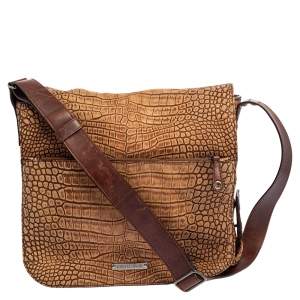 Roberto Cavalli Brown Croc Embossed Leather Messenger Bag