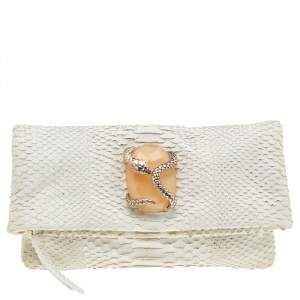 Pre Owned Roberto Cavalli White Python Crystal Fold Over Clutch