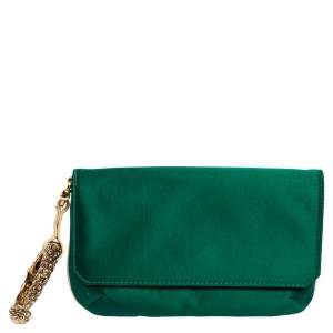 Pre Owned Roberto Cavalli Green Satin Serpent Wristlet Clutch 