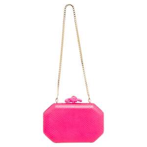 Roberto Cavalli Neon Pink Snake Embossed Leather Box Chain Clutch