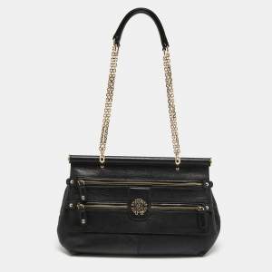 Pre Owned Roberto Cavalli Black Leather Zip Detail Chain Shoulder Bag