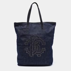 Roberto Cavalli Navy Blue Denim Studded Logo Tote
