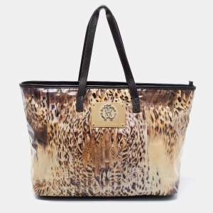 Roberto Cavalli Beige/Black  Printed Coated Canvas And Leather Tote