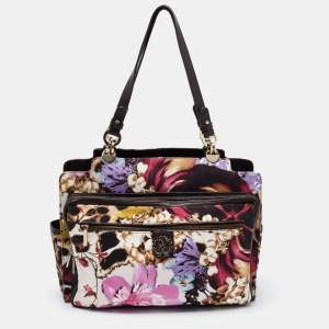 Roberto Cavalli Multicolor Floral Print Fabric and Leather Tote