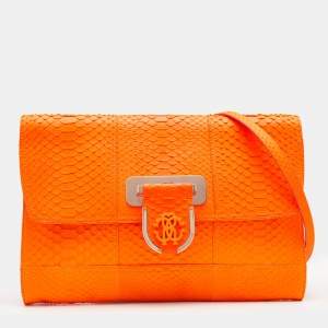 Roberto Cavalli Neon Orange Python Leather Ambition Flap Clutch