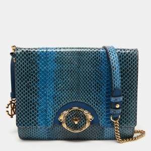 Pre Owned Roberto Cavalli Blue Watersnake Leather Lion Head Flap Shoulder Bag