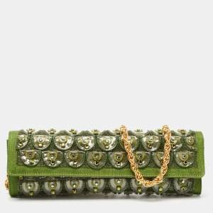 Roberto Cavalli Green Fabric and PVC Embellished Chain Clutch