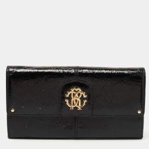Pre Owned Roberto Cavalli Black Patent Leather Flap Wallet On Chain 