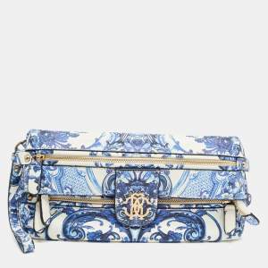 Roberto Cavalli Blue/White Majolica Print Leather Foldover Clutch