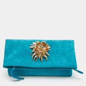 Roberto Cavalli Turquoise Suede Crystal Metal Flower Embellished Foldover Clutch