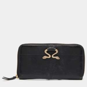 Pre Owned Roberto Cavalli Black Leather Snake Logo Zip Around Wallet