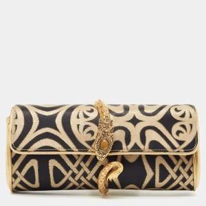 Roberto Cavalli Gold/Black Printed Satin and Leather Clutch