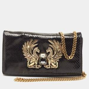 Roberto Cavalli Black Karung Leather Crystal Chain Clutch