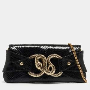 Roberto Cavalli Black Snakeskin Embellished Chain Clutch