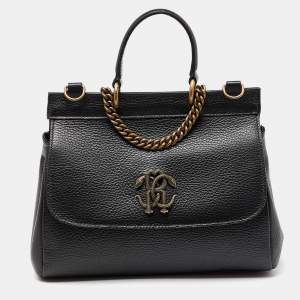 Roberto Cavalli Black Leather Serpente Top Handle Bag