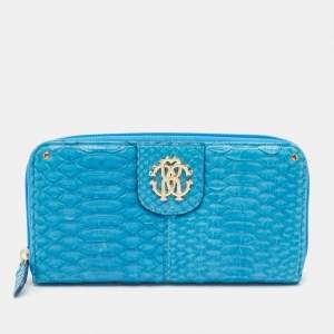 Roberto Cavalli Blue Python Zip Around Continental Wallet