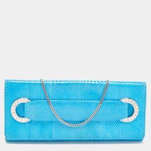 Roberto Cavalli Blue Snakeskin Flap Chain Clutch
