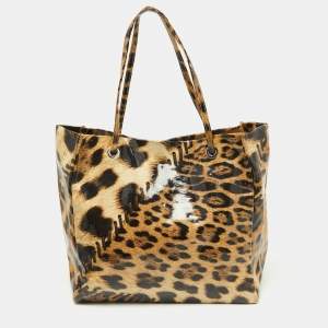 Roberto Cavalli Beige/Black Leopard Print Coated Canvas Snap Tote