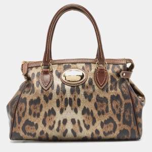 Roberto Cavalli Metallic/Brown Leopard Print Coated Canvas and Leather Zip Tote