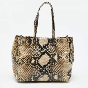 Roberto Cavalli Beige/Brown Snakeskin Print Coated Canvas Tote