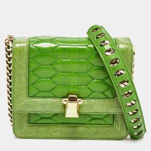 Pre Owned Roberto Cavalli Green Croc and Snakeskin Flap Chain Bag 