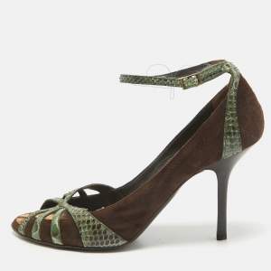 Roberto Cavalli Brown Python Leather and Suede Peep Toe Pumps Size 39