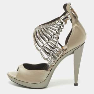 Roberto Cavalli Grey Satin Embellished Crystal Embellished Ankle Strap Sandals Size 36