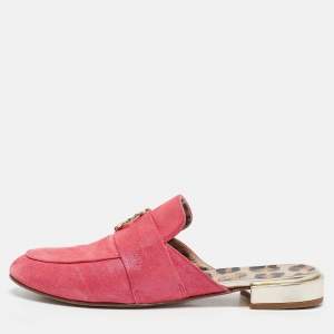Roberto Cavalli Pink Nubuck Leather Logo Mules Size 38
