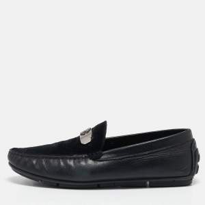 Roberto Cavalli Black Leather and Velvet Slip On Loafers Size 41.5